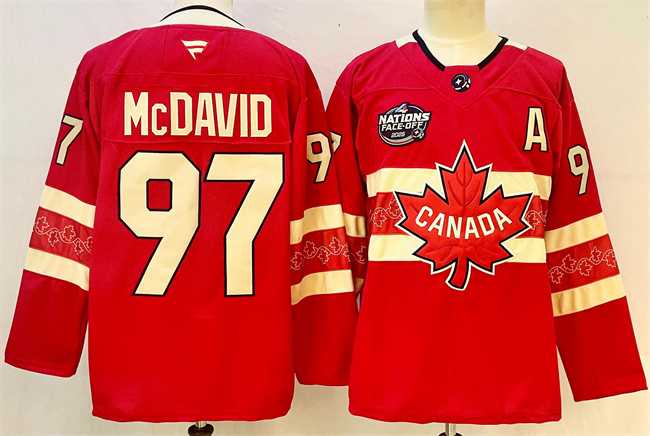 Men%27s Canada #97 Connor McDavid Red 2025 4 Nations Face-Off Premium Stitched Jersey